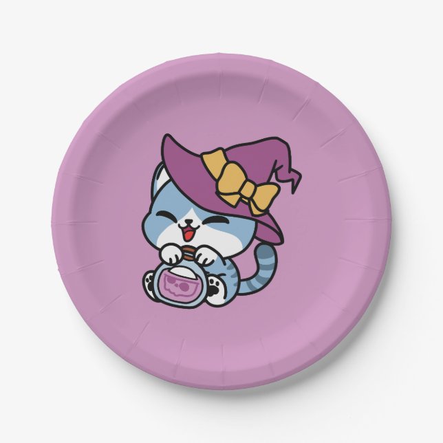 Halloween Tabby Cat – Witch Hat & Potion Art Paper Plates (Front)