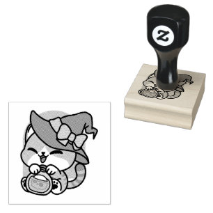 Halloween Tabby Cat – Witch Hat & Potion Art Rubber Stamp