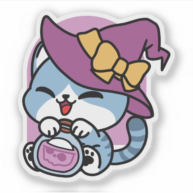 Halloween Tabby Cat – Witch Hat & Potion Art Sticker (Front)