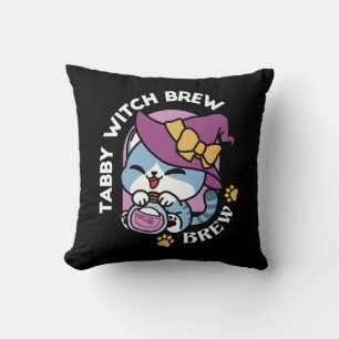Halloween Tabby Cat – Witch Hat & Potion Art Throw Pillow