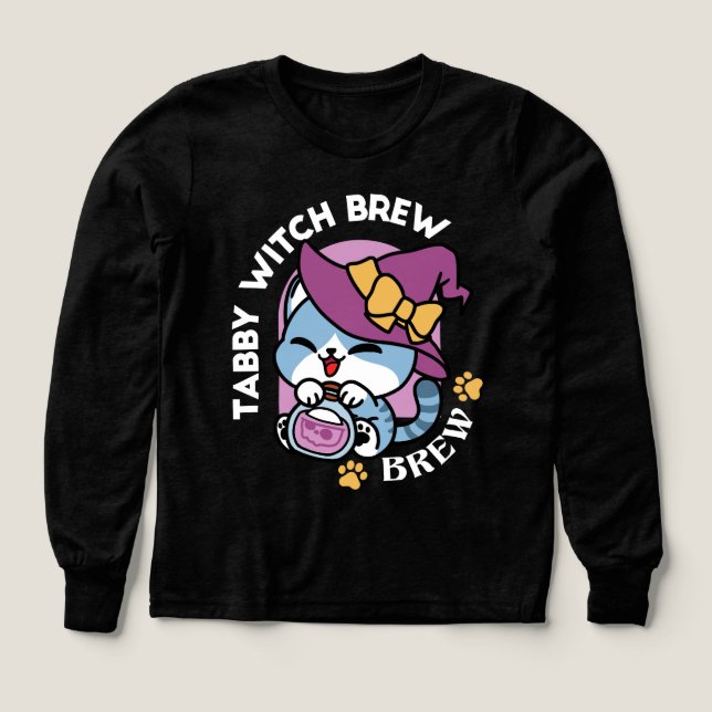 Halloween Tabby Cat – Witch Hat & Potion Art Tri-Blend Shirts (Design Front)