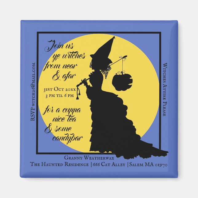 Halloween Tea Party Invitation Victorian Witch Magnet (Front)