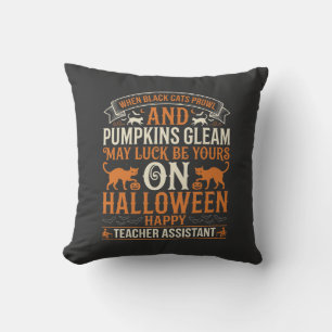 Halloween Teacher Assistant Black Cats and Pumpkin Throw Pillow
