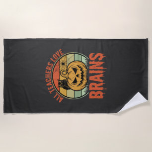 Halloween Teacher Brains Vintage Pumpkin Owl Beach Towel