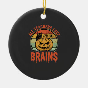 Halloween Teacher Brains Vintage Pumpkin Owl Ceramic Ornament