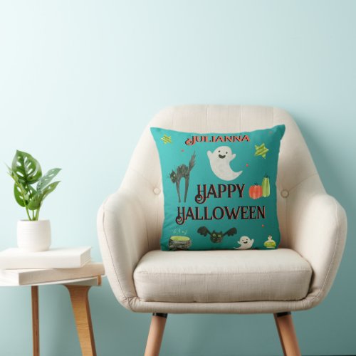 Halloween Teal and Green Throw Pillow
