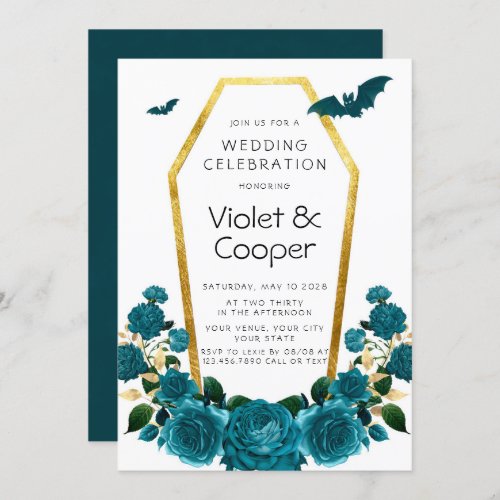 Halloween Teal Florals Gold Coffin Floral Wedding Invitation