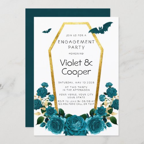Halloween Teal Gold Coffin Floral Engagement Party Invitation
