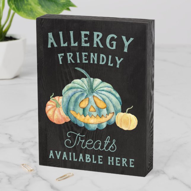 Halloween Teal Pumpkin Allergy Friendly Treats Wooden Box Sign (In Situ Vertical)