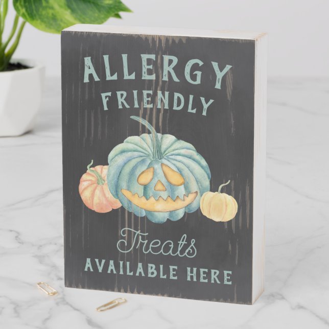 Halloween Teal Pumpkin Allergy Friendly Treats Wooden Box Sign (In Situ Vertical)