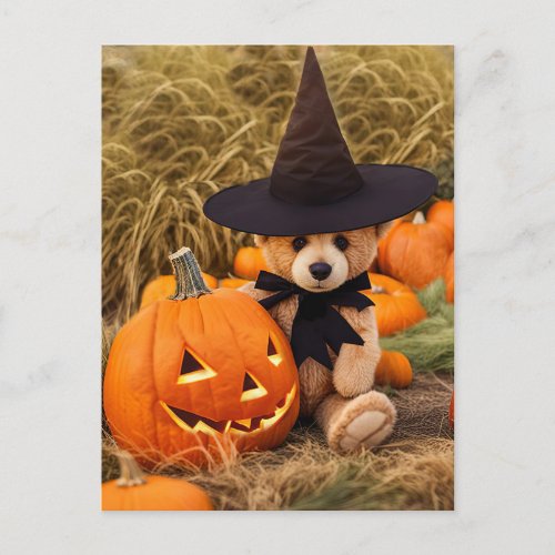 Halloween Teddy Bear Jack o Lantern Holiday Postcard