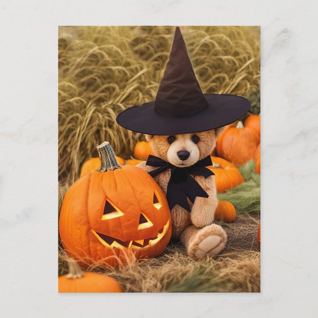 Halloween Teddy Bear Jack o Lantern Holiday Postcard (Front)