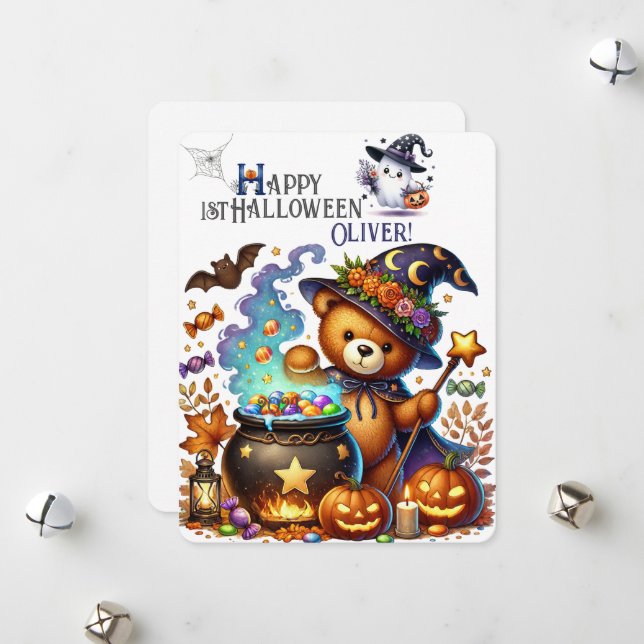 Halloween Teddy Bear Wizard Holiday Card (Front/Back In Situ)
