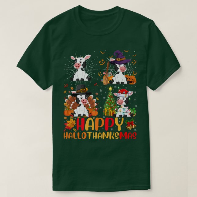 Halloween Thanksgiving Christmas Cattle Hallothank T-Shirt (Design Front)