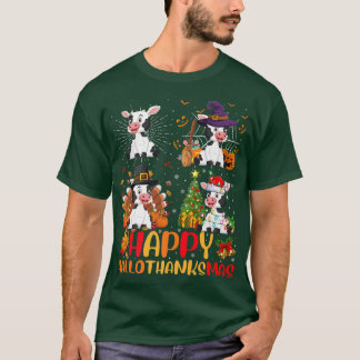 Halloween Thanksgiving Christmas Cattle Hallothank T-Shirt