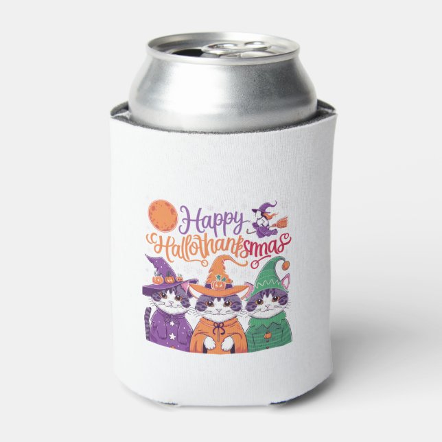 Halloween Thanksgiving Christmas Happy HalloThanks Can Cooler (Can Front)