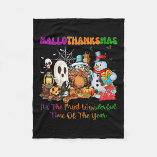 Halloween Thanksgiving Christmas Happy Hallothanks Fleece Blanket