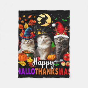 Halloween Thanksgiving Christmas Happy Hallothanks Fleece Blanket