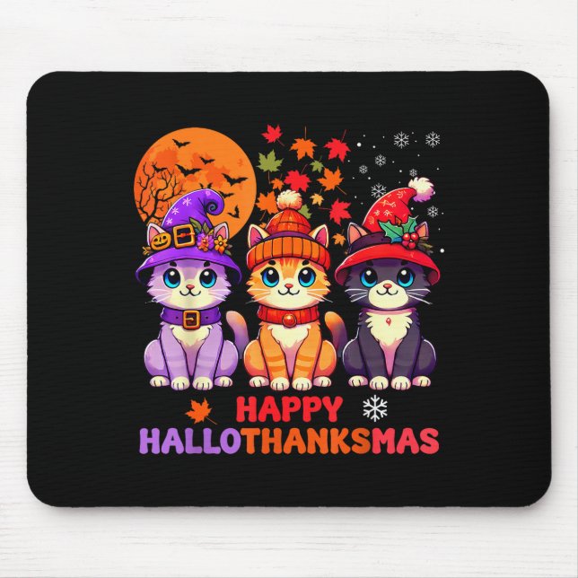 Halloween Thanksgiving Christmas Happy Hallothanks Mouse Pad (Front)