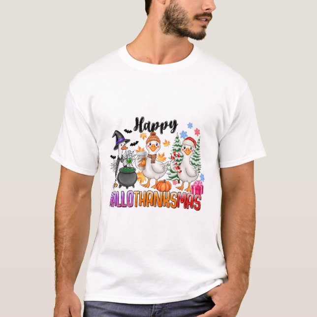 Halloween Thanksgiving Christmas Happy Hallothanks T-Shirt (Front)