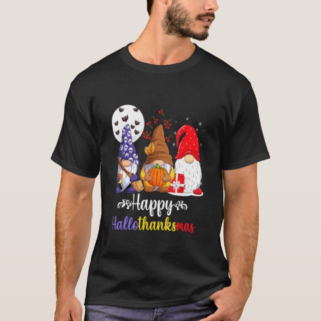 Halloween Thanksgiving Christmas Happy HalloThanks T-Shirt (Front)