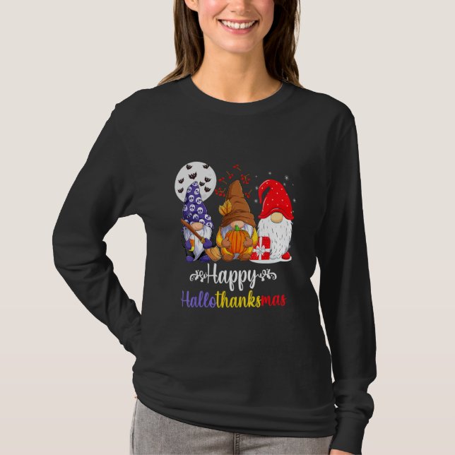 Halloween Thanksgiving Christmas Happy HalloThanks T-Shirt (Front)