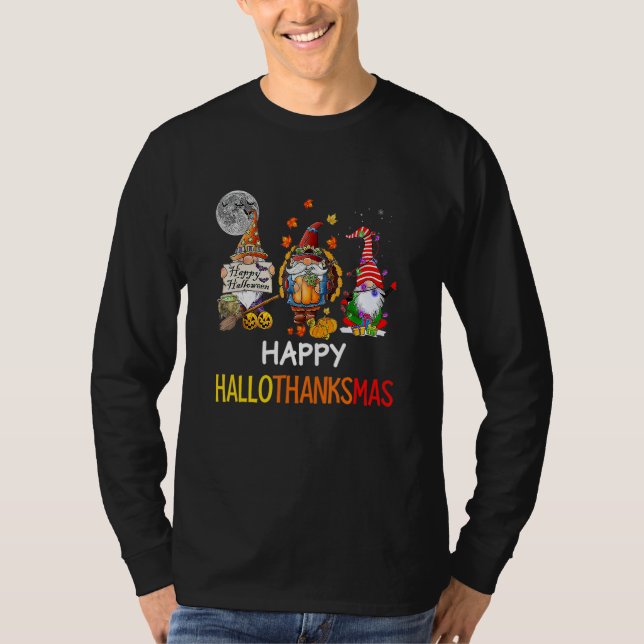 Halloween Thanksgiving Christmas Happy Hallothanks T-Shirt (Front)
