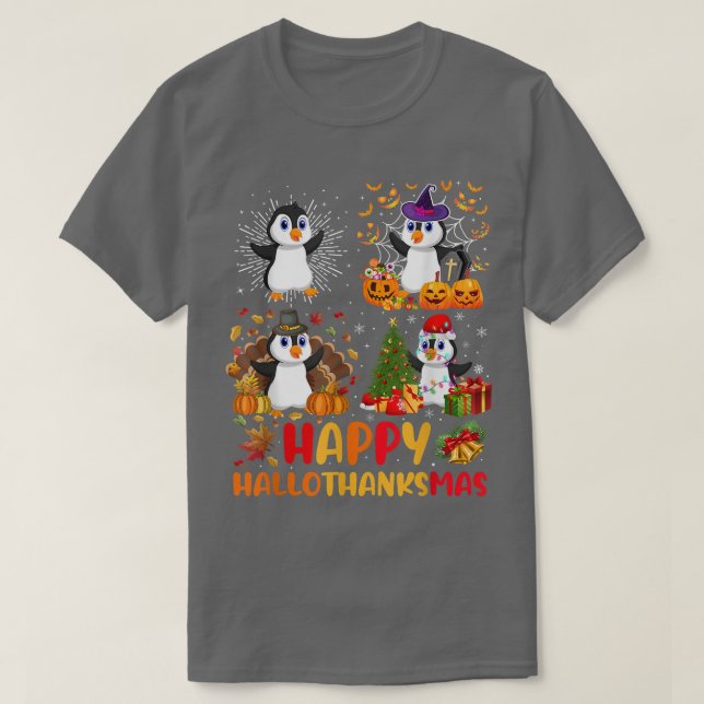 Halloween Thanksgiving Christmas Penguin Hallothan T-Shirt (Design Front)