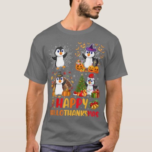Halloween Thanksgiving Christmas Penguin Hallothan T_Shirt