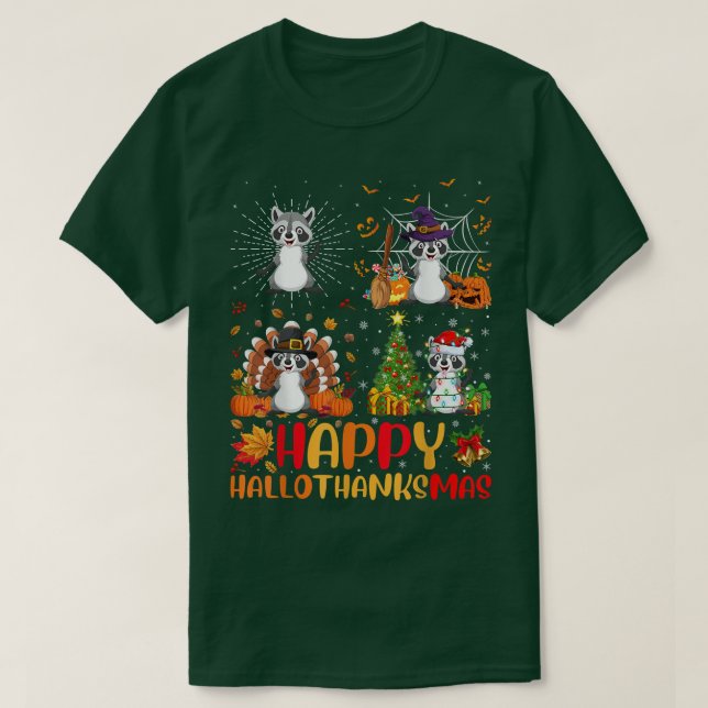 Halloween Thanksgiving Christmas Raccoon Hallothan T-Shirt (Design Front)