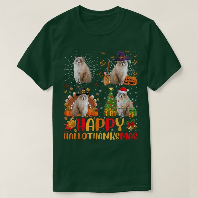 Halloween Thanksgiving Christmas Ragdoll Hallothan T-Shirt (Design Front)