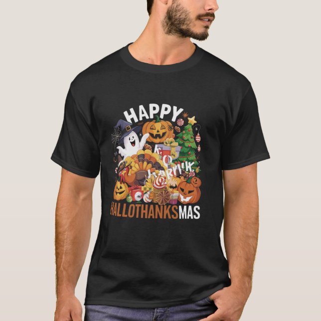 Halloween Thanksgiving Christmas Turkey Happy Hall T-Shirt (Front)