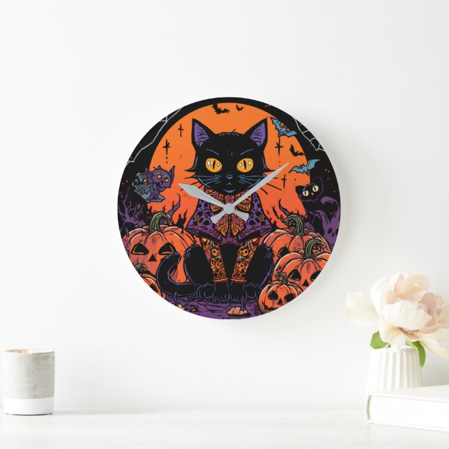 Halloween,The Pumpkin Patch Prowler ,Black Cat Large Clock (Home)