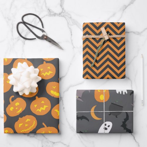 Halloween theme 3 patterns black orange wrapping paper sheets