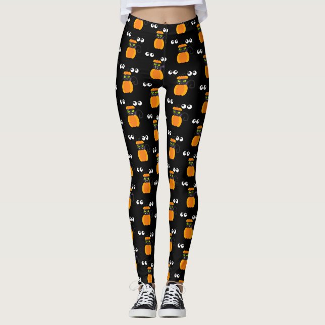 Halloween Theme - Black Cat, Pumpkins and Eyeballs Leggings (Front)