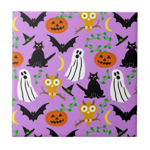 Halloween Theme Collage Toss Pattern Purple Ceramic Tile
