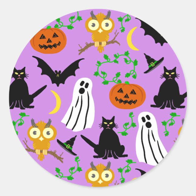 Halloween Theme Collage Toss Pattern Purple Classic Round Sticker (Front)