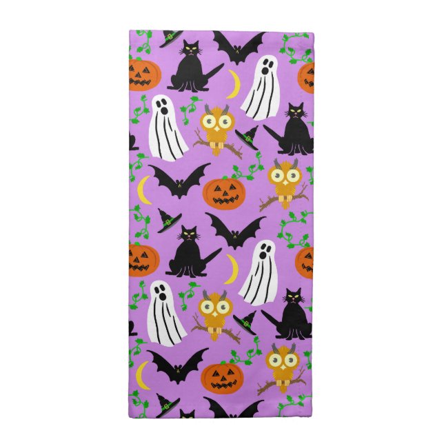 Halloween Theme Collage Toss Pattern Purple Cloth Napkin (Half Fold)
