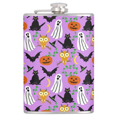 Halloween Theme Collage Toss Pattern Purple Cute Hip Flask