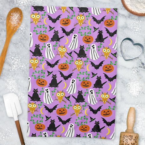 Halloween Theme Collage Toss Pattern Purple Kitchen Towel
