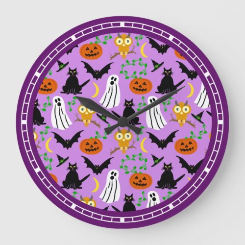 Halloween Theme Collage Toss Pattern Purple Large Clock
