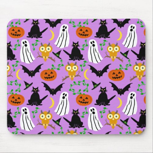 Halloween Theme Collage Toss Pattern Purple Mouse Pad