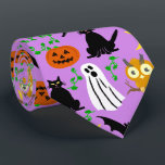 Halloween Theme Collage Toss Pattern Purple Neck Tie<br><div class="desc">This whimsical Halloween toss pattern is made mostly in orange and black on a light purple background. It includes white ghosts, black cats and bats, orange pumpkins and light-orange owls. It's a cute cartoon design to help you celebrate at your spooky party. This design is appropriate for a kids' party...</div>