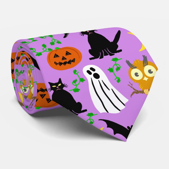 Halloween Theme Collage Toss Pattern Purple Neck Tie (Rolled)