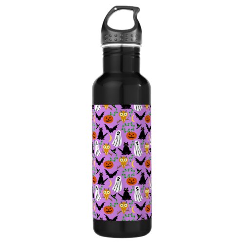 Halloween Theme Collage Toss Pattern Purple Stainless Steel Water Bottle