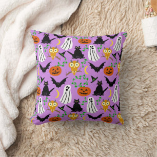 Halloween Theme Collage Toss Pattern Purple Throw Pillow