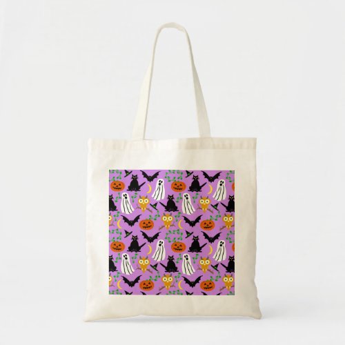 Halloween Theme Collage Toss Pattern Purple Tote Bag