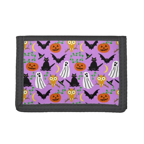 Halloween Theme Collage Toss Pattern Purple Trifold Wallet