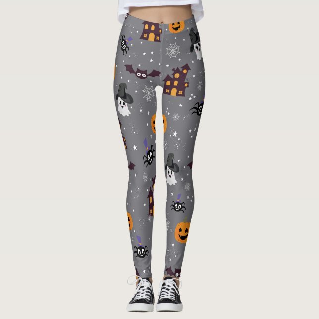 Halloween Theme Gray Spooky Leggings (Front)