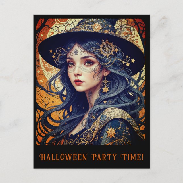 Halloween Theme Tattooed Witch Party Invitation Postcard (Front)